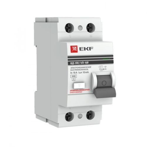 Выключатель дифференциальный (УЗО) ВД-100 2п 16А 10мА тип AC PROxima | код. elcb-2-16-10-em-pro | EKF